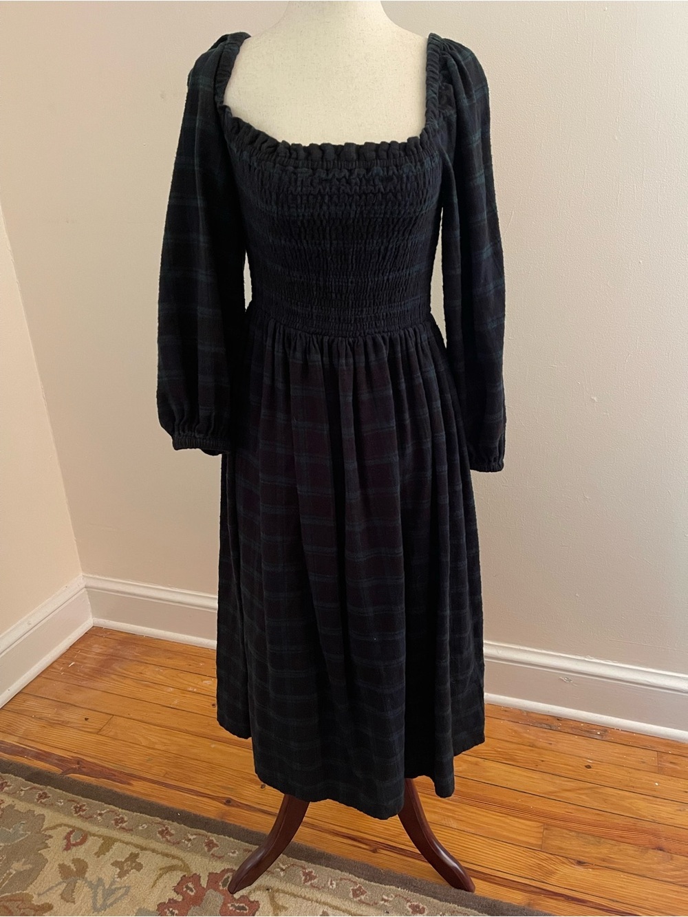 J. Crew XS Blackwatch Plaid Smocked Midi Dress 100% Cotton Cottage Core
